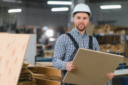 Skilled carpenter holding a finished wooden board, showcasing quality craftsmanship in a bustling...