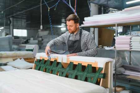 Worker assembling a sofa frame in a furniture factory, using tools and machinery. The setting showcases industrial production and craftsmanshipの写真素材