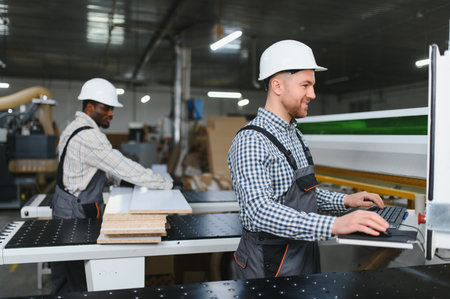 Two factory workers operating a cnc machine during the production of wooden furniture componentsの写真素材