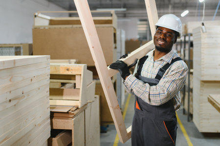 Smiling carpenter carrying wooden frame in furniture factory, production process of sofa or other furnitureの写真素材
