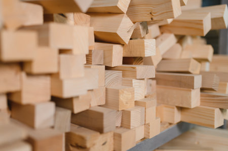 Wooden planks, freshly cut and stacked, await processing into furniture components within a bustling...