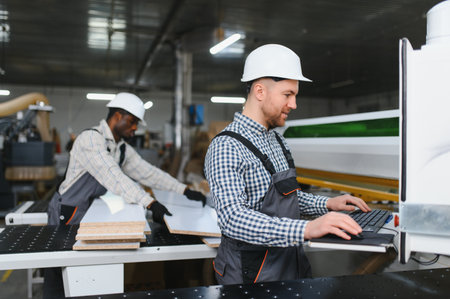 Carpenters working with wood and computer numerical control equipment in a furniture factory,...