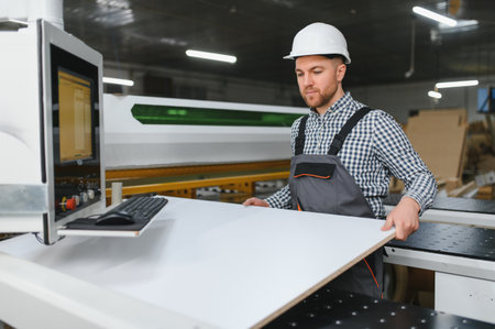 Carpenter wearing safety helmet operating a cnc machine in a furniture factory, holding a wooden panelの写真素材
