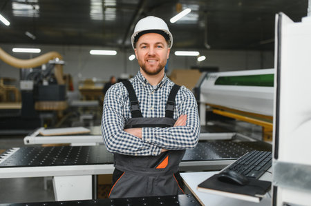 Worker in a furniture factory operates a cnc machine, focusing on wood processing for sofa...