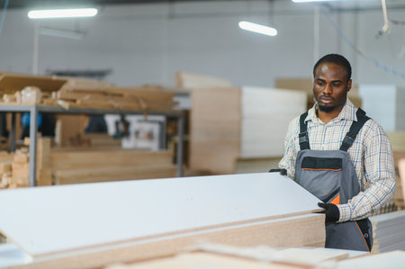 Carpenter carefully carrying wooden boards in a furniture factory, demonstrating craftsmanship and industrial productionの写真素材