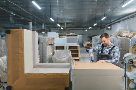 Carpenter working diligently in a furniture factory, using a pneumatic staple gun to expertly...