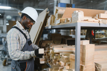 Carpenter wearing safety helmet and gloves examining wooden plank in furniture factory warehouseの写真素材