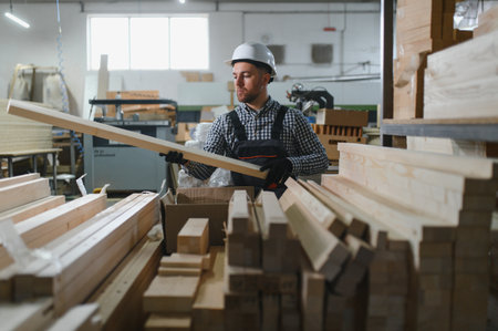 Carpenter wearing protective workwear holding wooden plank in furniture factory, production process...