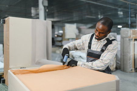 Carpenter assembling furniture components with a pneumatic nail gun in a bustling furniture factory,...