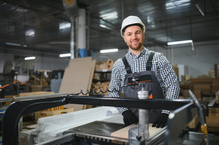 Skilled carpenter operating a cnc machine, crafting precision wood pieces in a bustling furniture...