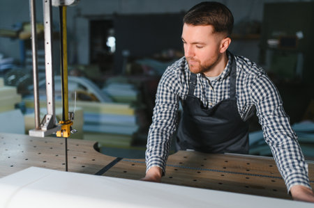 Carpenter carefully using a vertical bandsaw to cut white fabric for furniture upholstery in a busy...