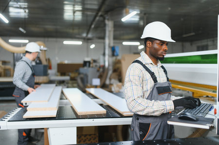 Carpenters working with a cnc machine cutting wooden boards in a furniture factory, producing parts...