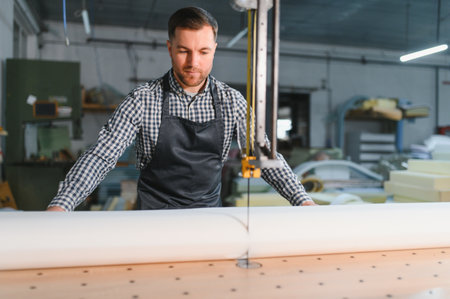Carpenter working diligently in a furniture factory, cutting fabric with an electric saw for the...