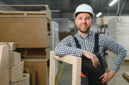 Carpenter wearing safety helmet and work overalls smiling and leaning on wooden frame in a furniture...