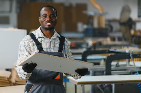 Smiling african american carpenter holding a wooden board while working in a bustling furniture factory, showcasing craftsmanship and skillの写真素材
