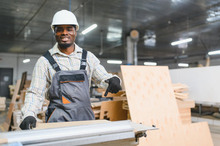Confident african american carpenter pointing at woodworking machine while working in a furniture...