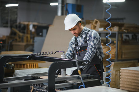 Carpenter wearing safety helmet operating cnc machinery in a furniture factory, producing wooden...