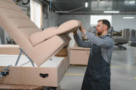 Worker efficiently assembles a sofa in a modern furniture factory, showcasing craftsmanship and precision in a well organized production environmentの写真素材