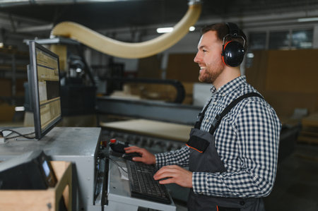 Carpenter wearing ear protection operating a cnc machine in a furniture factory, programming wood...