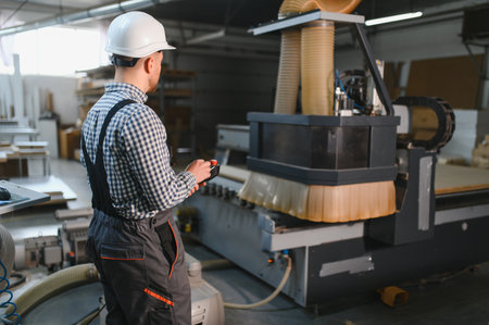 Worker in a furniture factory operates a cnc machine for precise wood cutting, enhancing sofa...