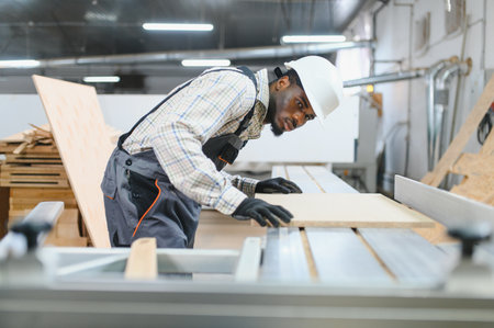 Carpenter wearing protective workwear and hardhat cutting wooden plank using circular saw in...