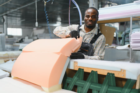 Carpenter assembling a sofa in a busy furniture factory, skillfully working with foam and wood to...