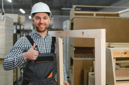 Smiling carpenter showing thumbs up while holding a wooden frame in a furniture factory, proud of...