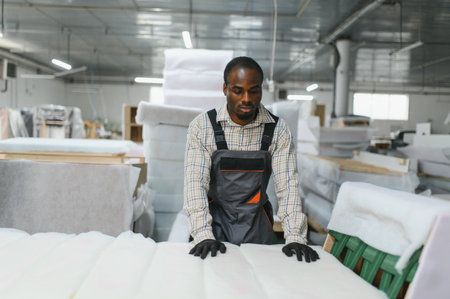 Furniture maker working on a sofa in a furniture factory, checking the quality of the materialsの写真素材