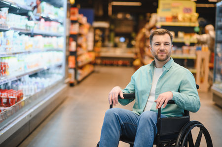 Confident man in wheelchair buying groceries in a brightly lit supermarket, showing independence and inclusionの写真素材