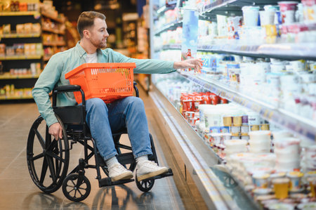 Man in wheelchair buying groceries in a supermarket, reaching for a product on a refrigerated shelfの写真素材