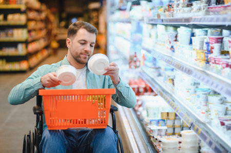 Man in wheelchair buying groceries in supermarket, choosing dairy products in refrigerated sectionの写真素材