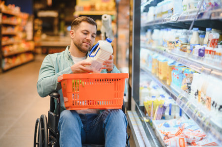Man in a wheelchair shopping for groceries, inspecting a milk bottle in the refrigerator section of a bright and modern supermarketの写真素材