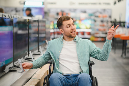 Man in wheelchair pointing and comparing televisions in consumer electronics store, holding price tagの写真素材