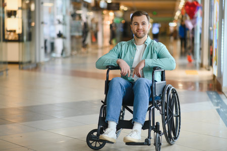 Confident man using a wheelchair navigates a modern shopping center, showing accessibility and inclusion for people with mobility challengesの写真素材