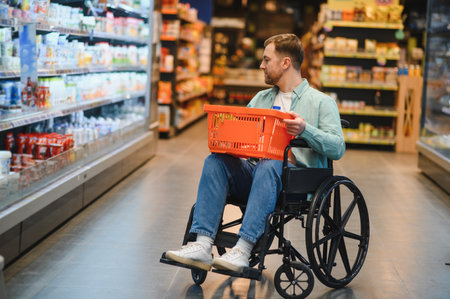Man in a wheelchair navigating the supermarket aisles, holding a shopping basket while selecting groceries for an independent lifestyleの写真素材