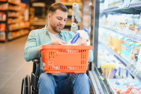 Man in wheelchair carefully placing bottle of milk into shopping basket, while buying groceries in supermarket refrigerator sectionの写真素材