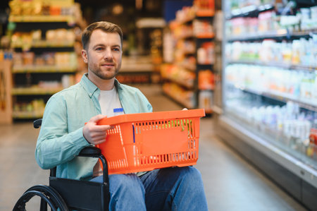 Man with disability using wheelchair carrying shopping basket while buying groceries in a...