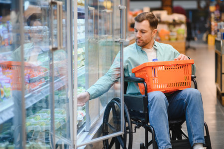 Man in wheelchair choosing groceries from a refrigerated aisle in a supermarket, promoting accessibility and inclusion in everyday shoppingの写真素材