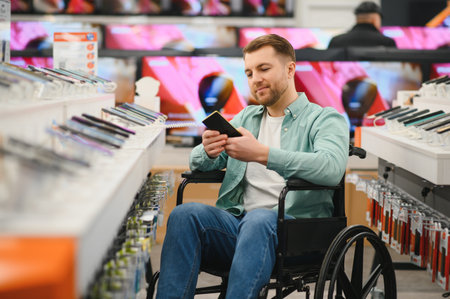Smiling man in wheelchair using smartphone, choosing and buying mobile phone in electronics store