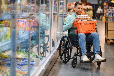 Man in wheelchair choosing groceries in a supermarket, holding a shopping basket and checking a pack of eggsの写真素材