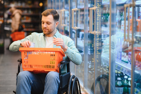 Man in a wheelchair placing groceries into a shopping basket while navigating the supermarket aisles, promoting independence and accessibilityの写真素材
