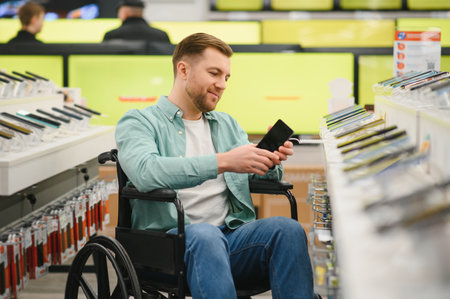 Happy man in wheelchair using mobile phone while choosing smartphone in electronics store, enjoying shopping and modern technologiesの写真素材