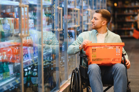 Man in wheelchair buying groceries, choosing products in a supermarket refrigerator section, holding a shopping basketの写真素材