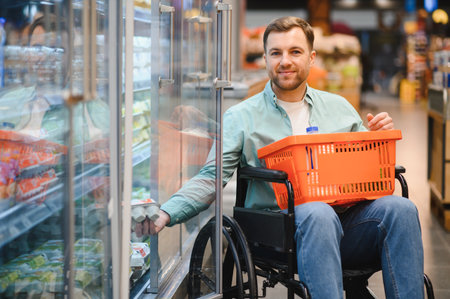 Man in wheelchair taking eggs from refrigerated section while shopping for groceries in supermarket