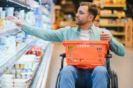 Man with disability using a wheelchair reaching for groceries in a supermarket refrigerated aisleの写真素材