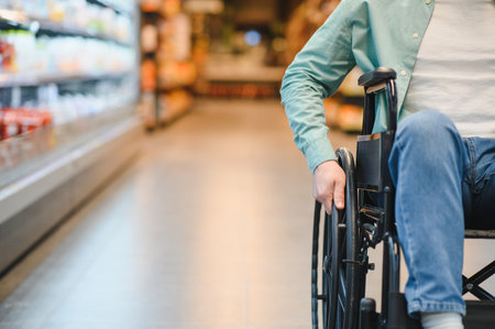 Person with disability pushing wheelchair along refrigerated aisle, buying food in grocery store