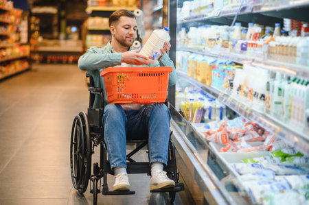Smiling man in a wheelchair buying groceries in a supermarket, choosing a bottle of milk in the refrigerated dairy sectionの写真素材