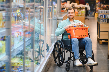 Happy man in a wheelchair, holding a shopping basket while selecting groceries in a vibrant supermarket, enjoying his shopping experienceの写真素材