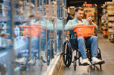 Young man in wheelchair buying groceries, checking product information in refrigerated aisle of modern supermarketの写真素材