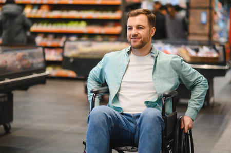 Happy man using wheelchair buying groceries in a supermarket, enjoying independence and accessibilityの写真素材